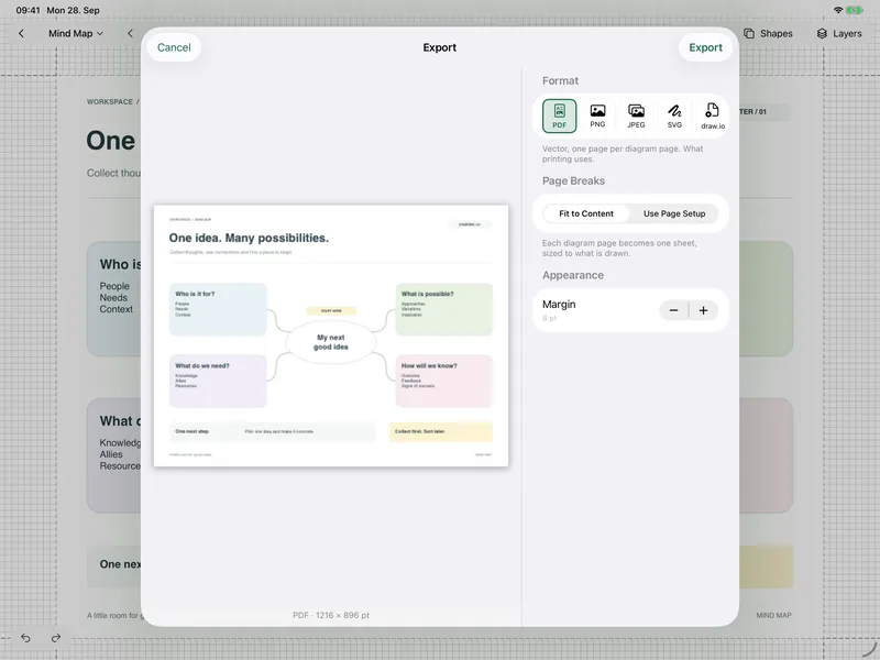GoatNotes on iPad – Export: Share diagrams as PDF, PNG, SVG and more — with a preview of every page.