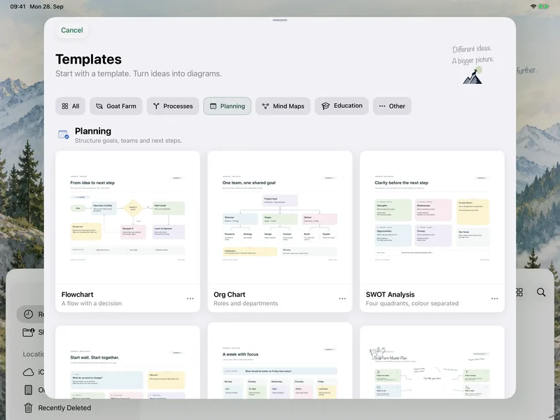 GoatNotes on iPad – Templates: Start with flowcharts, org charts and project templates.