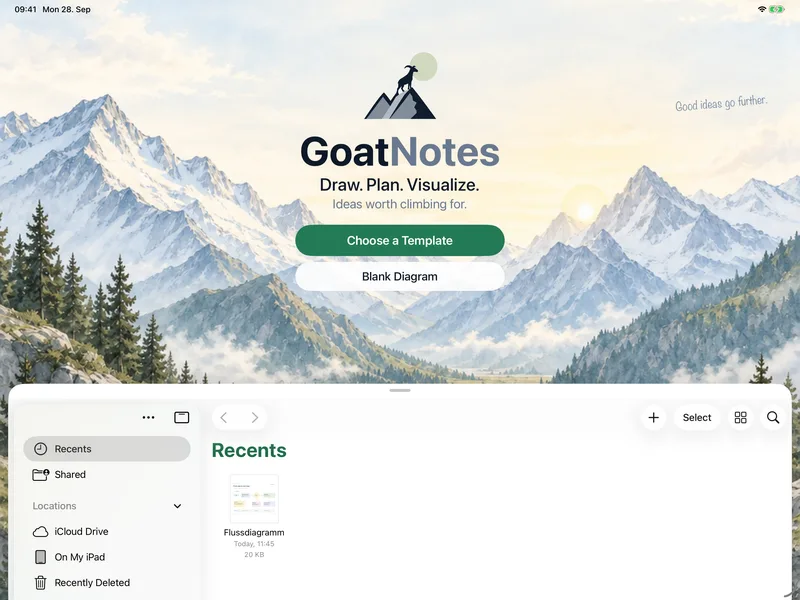 GoatNotes on iPad – Your documents: Start blank or from a template, right next to your files.